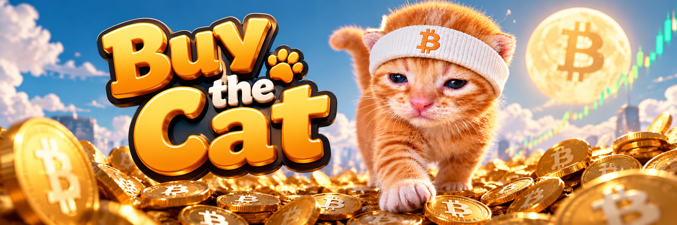 Buy the Cat banner: the orange kitten in its Bitcoin headband walking over a pile of gold coins